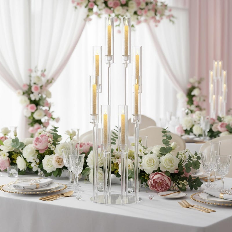 VINCIGANT 4PCS 8 Arms Clear Candelabra Candle Holder for Wedding Decorations,38.5 inches Tall Arcylic Candlesticks Holder with Shade for Table Dinner Party Valentines Day Fireplace Decoration - Image 2