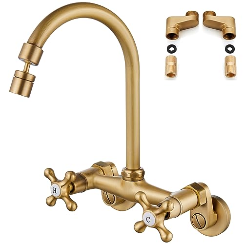 Airuida Wall Mount Kitchen Faucet with Sprayer Wall Mounted Kitchen Sink Faucet Double Cross Handles 360 Degree Swivel Spout Restaurant Mixer Tap Commercial 6 Inch Center Antique Brass - Image 1