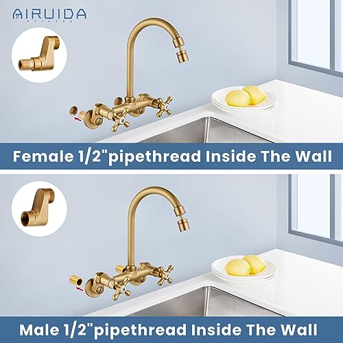 Airuida Wall Mount Kitchen Faucet with Sprayer Wall Mounted Kitchen Sink Faucet Double Cross Handles 360 Degree Swivel Spout Restaurant Mixer Tap Commercial 6 Inch Center Antique Brass - Image 4