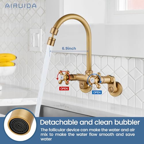 Airuida Wall Mount Kitchen Faucet with Sprayer Wall Mounted Kitchen Sink Faucet Double Cross Handles 360 Degree Swivel Spout Restaurant Mixer Tap Commercial 6 Inch Center Antique Brass - Image 2