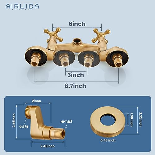 Airuida Wall Mount Kitchen Faucet with Sprayer Wall Mounted Kitchen Sink Faucet Double Cross Handles 360 Degree Swivel Spout Restaurant Mixer Tap Commercial 6 Inch Center Antique Brass - Image 5