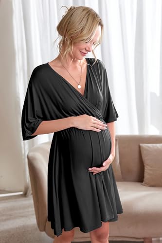Ekouaer 3 in 1 Labor/Delivery/Hospital Gown Maternity Dress Nursing Nightgown Sleepwear for Breastfeeding, Black, X-Large - Image 4