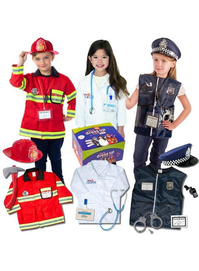 Born Toys Premium 16pcs Costume Dress up Set for Kids Ages 3-7 Fireman,Police Costume, and Doctor All Sets are Washable and Have Accessories - Image 1