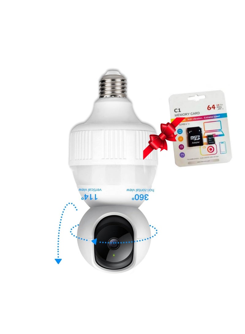 Wi-Fi camera, LED bulb + 64 memory card as a gift, a 360-degree surveillance camera, with smart tracking, 1080p listening and speaker alarm, keep track of where you are on your mobile phone. - Image 1