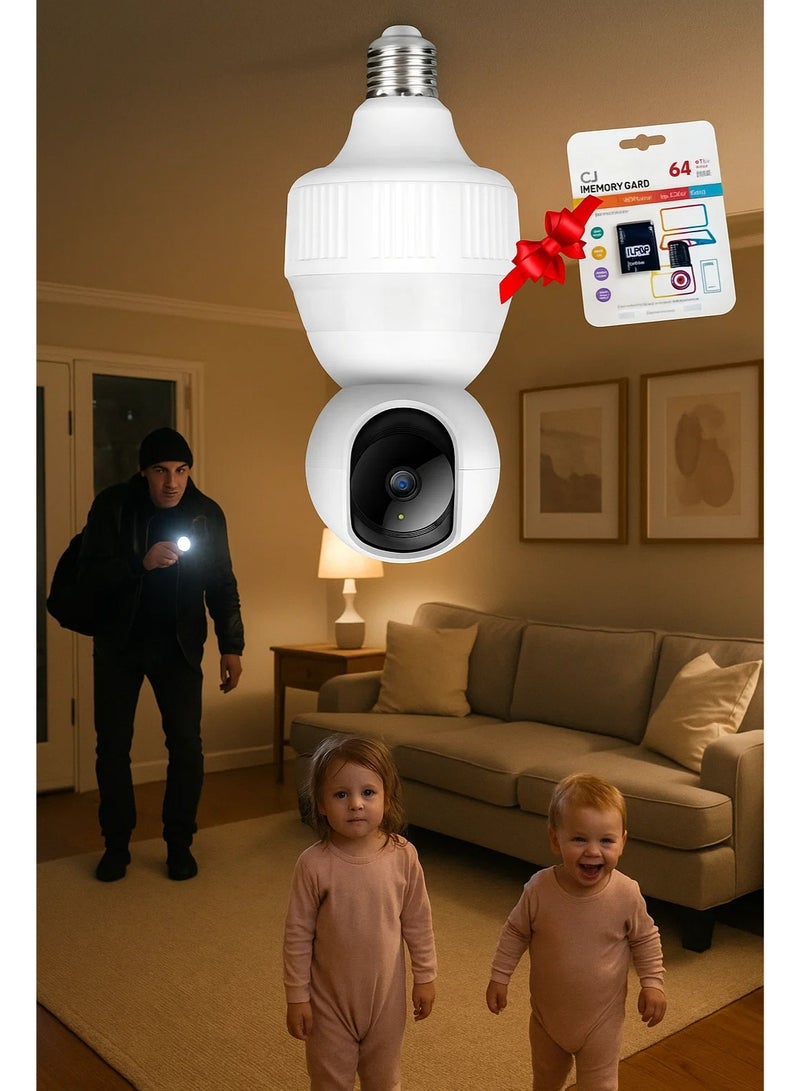 Wi-Fi camera, LED bulb + 64 memory card as a gift, a 360-degree surveillance camera, with smart tracking, 1080p listening and speaker alarm, keep track of where you are on your mobile phone. - Image 2