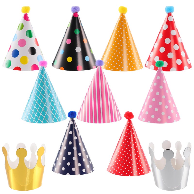 Costyleen 11 Pcs Birthday Party Hats,Party Hats Set Includes 9 Adorable Mini Cone Hats with Pom Poms and 2 Colorful Paper Crowns for Pet Birthday Party Decor - Image 1