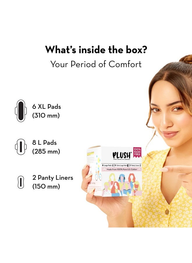 Plush 100% Pure U.S. Cotton 14 Sanitary Pads For Women | 8 Light Flow Pads (L) 6 Heavy Flow (Xl) & 2 Panty Liners | Ultra-Thin, Rash Free | For All Skin Type | Vegan  - Image 2