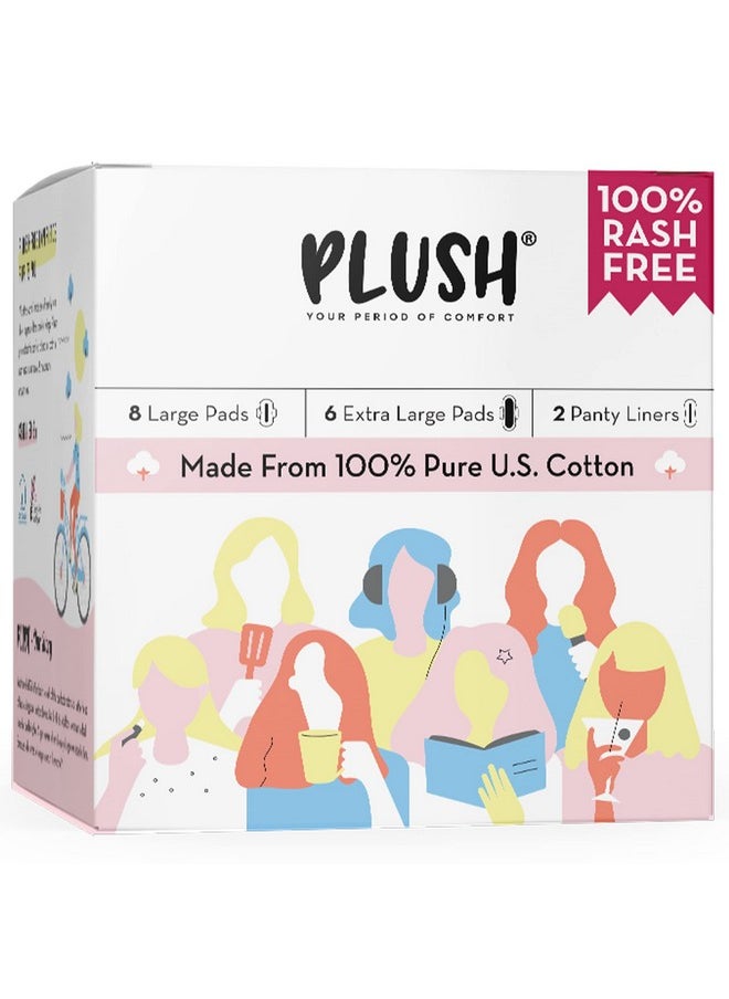 Plush 100% Pure U.S. Cotton 14 Sanitary Pads For Women | 8 Light Flow Pads (L) 6 Heavy Flow (Xl) & 2 Panty Liners | Ultra-Thin, Rash Free | For All Skin Type | Vegan  - Image 1