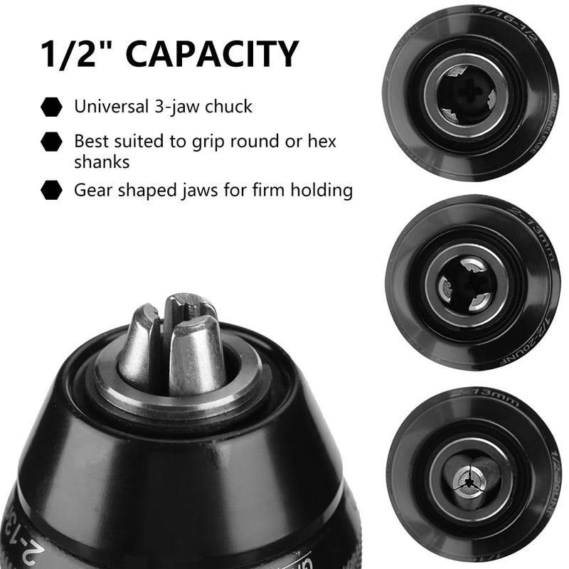 Hymnorq 1/2-20UNF Keyless 1.5-13mm 3-Jaw Rachet Self-locking Drill Chuck with SDS Plus Shank Adaptor, Full Metal Body, Fit Rotary Hammer and Hammer Drill, to Hold Bits from 1/16 Inch to 1/2 Inch - Image 2