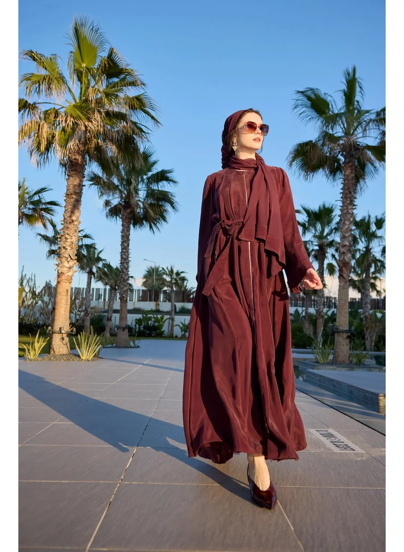 MissWhence  Belted Flowing Abaya with Matching Scarf for Women | Best Price UAE