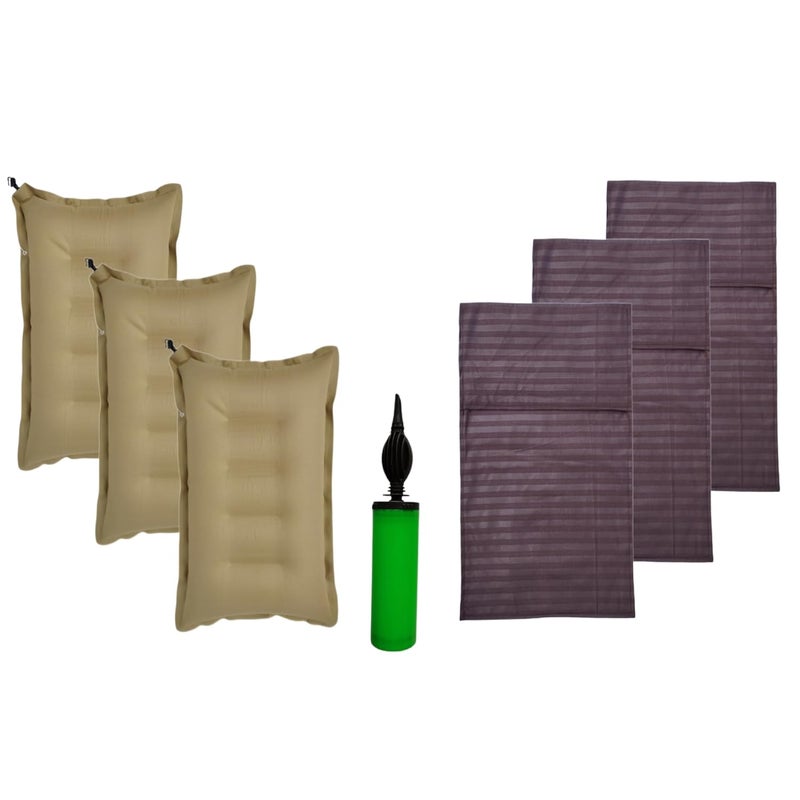 Pack of 3 Pcs Brown Colot Cotton Air Pillow with Cotton Pillow Cover for Travelling Travelling Air Pillow for Bus Fligh and Train Nack Support headrest Pillow - Image 1