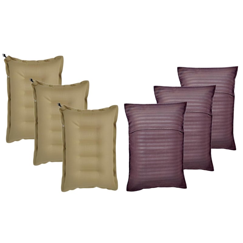 Pack of 3 Pcs Brown Colot Cotton Air Pillow with Cotton Pillow Cover for Travelling Travelling Air Pillow for Bus Fligh and Train Nack Support headrest Pillow - Image 4