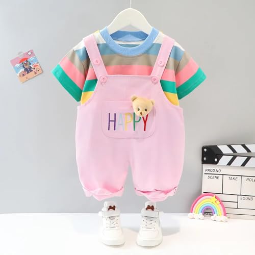 Bold N Elegant Unisex-Child Cotton Blend Printed Half Sleeve Cute Colorful T-Shirt Dungaree Bibshorts With Bear Brooch Attached Clothing Set (Pink, 3-4 Years) - Image 2