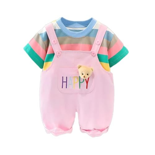 Bold N Elegant Unisex-Child Cotton Blend Printed Half Sleeve Cute Colorful T-Shirt Dungaree Bibshorts With Bear Brooch Attached Clothing Set (Pink, 3-4 Years) - Image 1