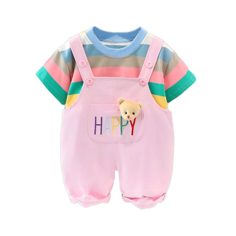 Bold N Elegant Unisex-Child Cotton Blend Printed Half Sleeve Cute Colorful T-Shirt Dungaree Bibshorts With Bear Brooch Attached Clothing Set (Pink, 3-4 Years) - Image 5