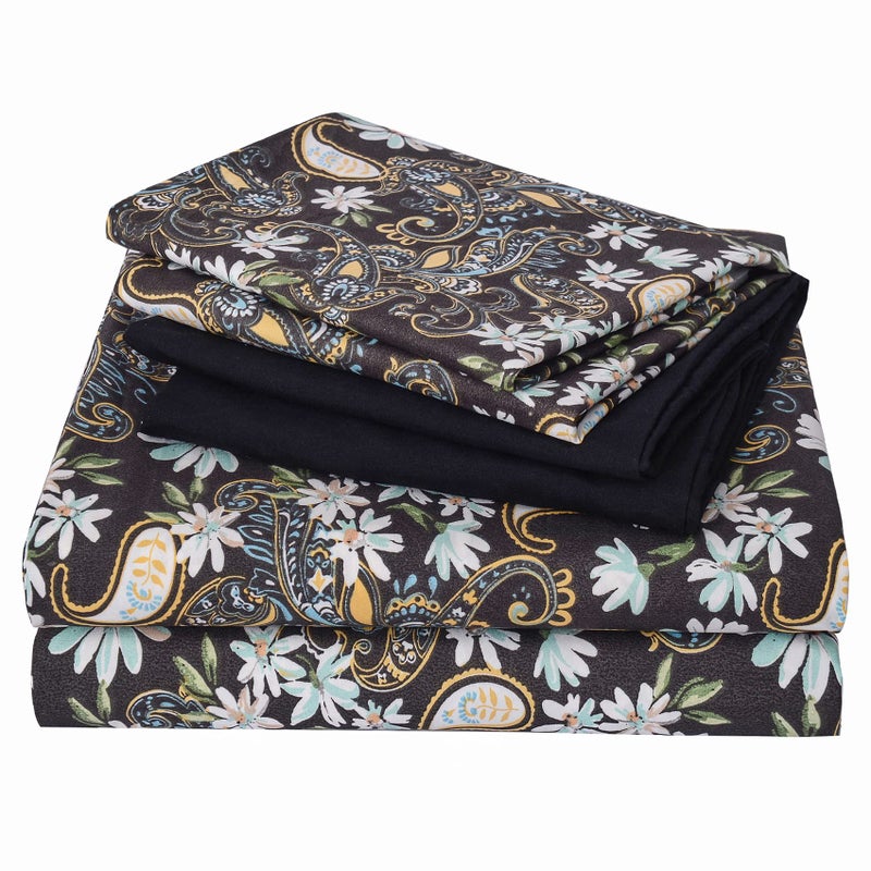 JSD Black Paisley Floral Printed Sheet Set King Size 6 Piece Soft Pattern Microfiber Bed Sheets Extra Deep Pocket