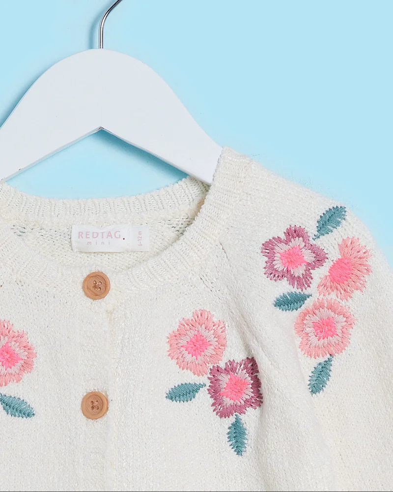 Redtag Infant Girls Beige Floral Embroidered Pullover
