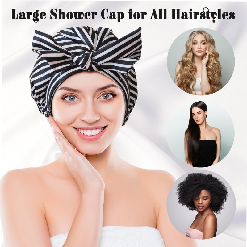 vidsel Luxury Shower Cap for Women, Shower Caps for Women Reusable Waterproof, Hair Cap for Shower, Large Adjustable Bowknot Bath Cap for Long Hair Braids - Image 3
