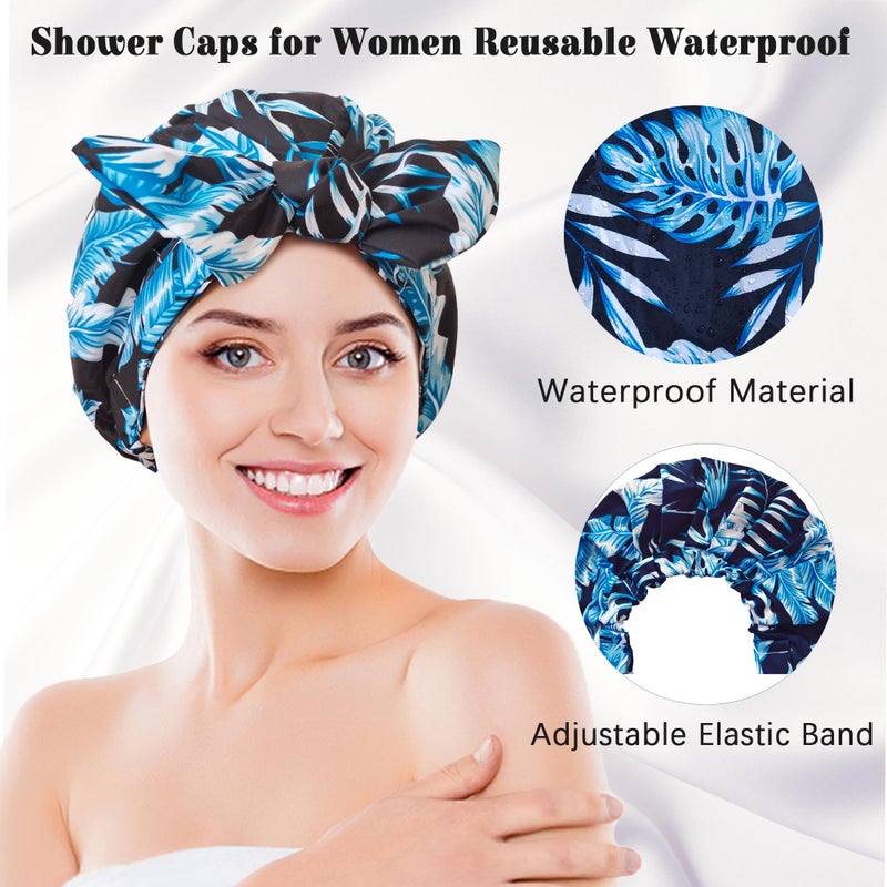 vidsel Luxury Shower Cap for Women, Shower Caps for Women Reusable Waterproof, Hair Cap for Shower, Large Adjustable Bowknot Bath Cap for Long Hair Braids - Image 2