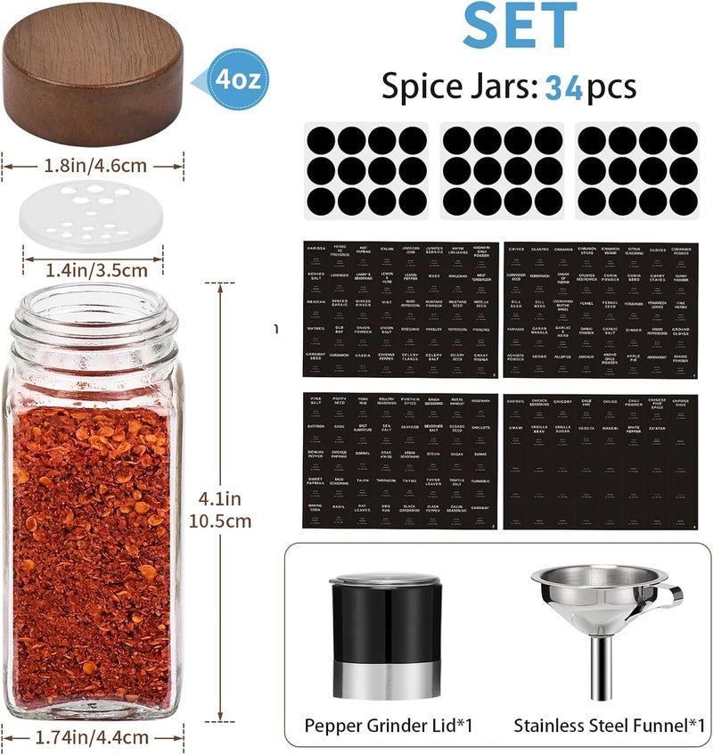 Yangbaga 34Pcs Glass Spice Jars with Labels-4oz Acacia Wood Lid Square Spice Containers with Pepper Grinder Lids &Funnel,Seasoning Jars for Rack Cabinet Drawer - Image 2