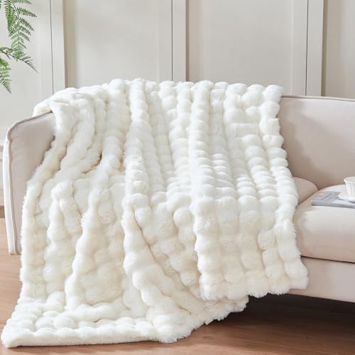 Serenhom 50x60 Inches Ultra-Soft Fuzzy Faux Fur Plush Throw Blanket - Thick, Warm Sherpa for Couch, Sofa, Bedroom, Camping - Decorative Blanket for Cozy Warmth, Bubble Ivory White - Image 1