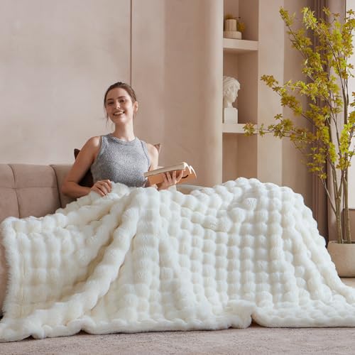 Serenhom 50x60 Inches Ultra-Soft Fuzzy Faux Fur Plush Throw Blanket - Thick, Warm Sherpa for Couch, Sofa, Bedroom, Camping - Decorative Blanket for Cozy Warmth, Bubble Ivory White - Image 4