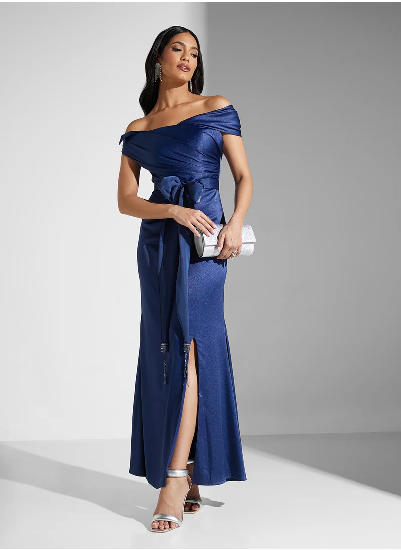Namshi x Boat Neck Ruched A Line Dress With Bow Belt