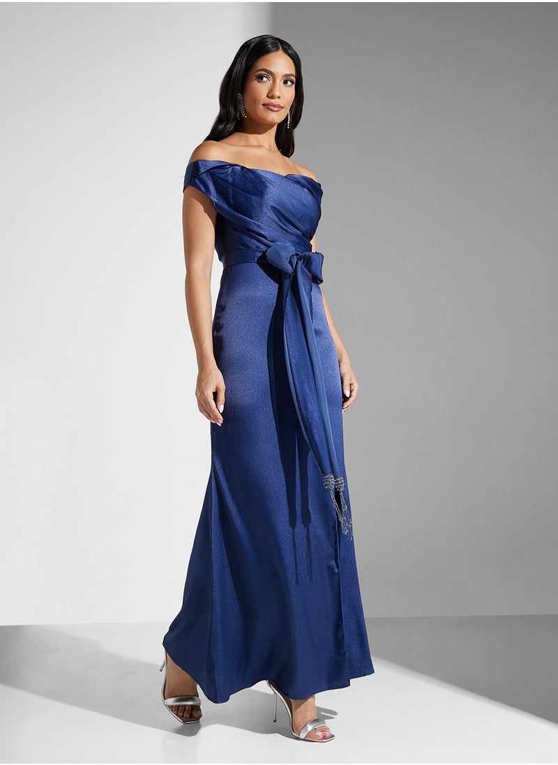 Namshi x Boat Neck Ruched A Line Dress With Bow Belt  - Image 5