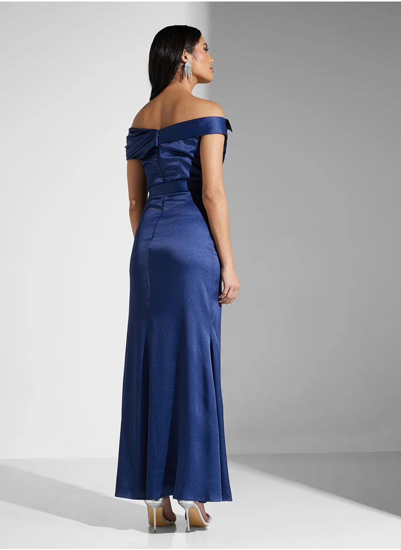 Namshi x Boat Neck Ruched A Line Dress With Bow Belt