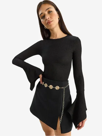 Bianco Lucci LUCCI Slim Fit Crew Neck Long Sleeve Blouse