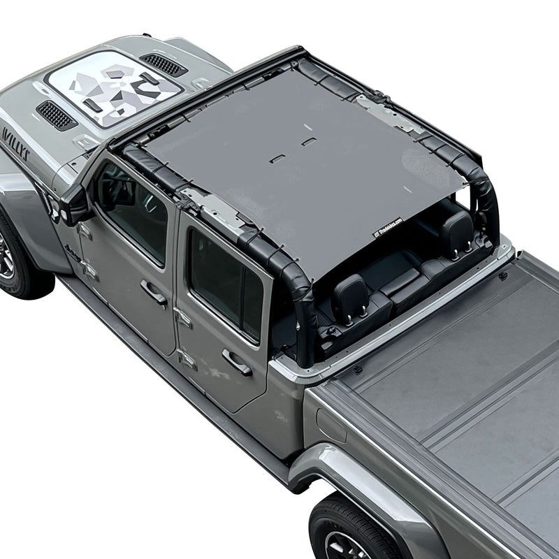 Shadeidea JT Sun Shade Top Sunshade Compatible with Jeep Gladiator Top Shade Mesh Screen Roof Cover 20182023 Wind Noise UV Blocker with GrabBag Pouch 10 Year Warranty Gray FrontRear