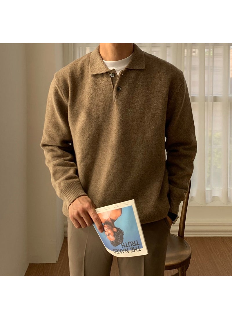 Generic Autumn Winter Mens Casual Knitwear Long Sleeve Mid-Neck Solid Color Loose Fit Comfortable Inner Wear Pullover Shirt Brown  - Image 1