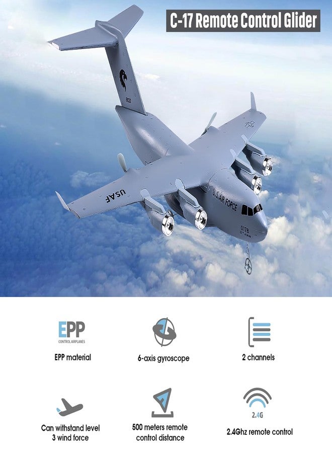 Dodoore RC Plane Remote Control Airplane, 2 Channels RC Airplane, C-17 Military Transport Aircraft, 2.4GHz EPP Foam Fixed-Wing RC Glider with Gyro and 2 Batteries, Easy to Fly for Beginners - Image 3