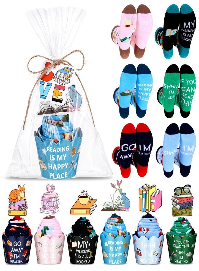 Foaincore 6 Sets Book Lovers Gifts for Women Reading Socks with Cupcake Gift Packaging, Greeting Card, Tape, Jute Rope, Clear Opp Bags Reading Presents for Book Club, Bookworm, Readers, Librarians - Image 1