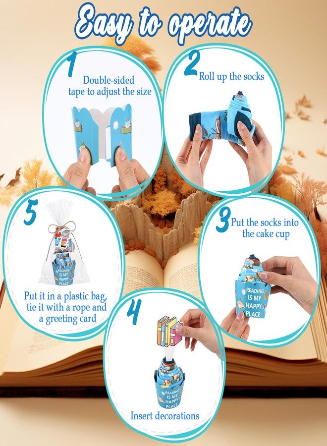 Foaincore 6 Sets Book Lovers Gifts for Women Reading Socks with Cupcake Gift Packaging, Greeting Card, Tape, Jute Rope, Clear Opp Bags Reading Presents for Book Club, Bookworm, Readers, Librarians - Image 4