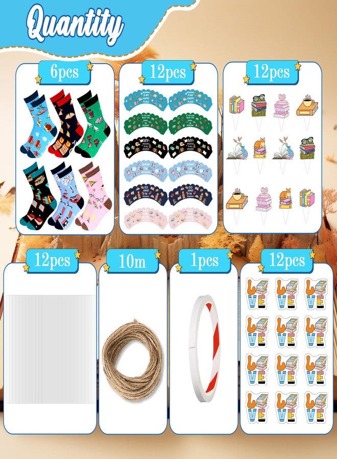 Foaincore 6 Sets Book Lovers Gifts for Women Reading Socks with Cupcake Gift Packaging, Greeting Card, Tape, Jute Rope, Clear Opp Bags Reading Presents for Book Club, Bookworm, Readers, Librarians - Image 3