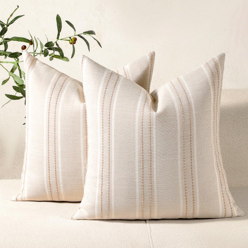Hckot Hand Made Throw Pillow Covers 16X16 Set Of 2 Striped Pillow Covers Linen Decorative Pillows Square Cushion Covers For Sofa Couch Bed Living Room Farmhouse Decor  Khaki - Image 1