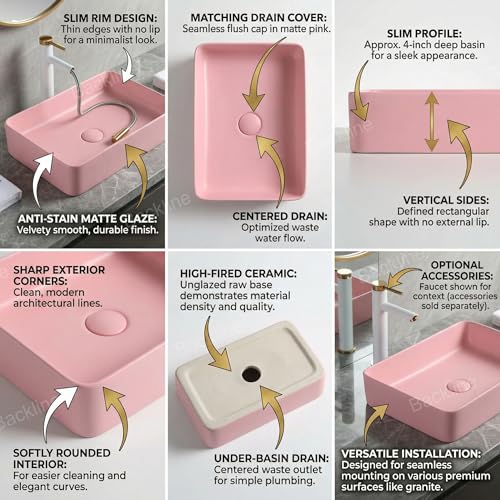 B Backline Ceramic Table Top Wash Basin Counter Top Bathroom Sink Wash Basin Art Basin For Bathrooms & Living Room 24 X 13.5 X 4 Inches (Pink Matt) (5 years warranty) - Image 2