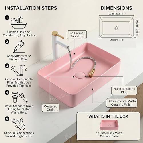 B Backline Ceramic Table Top Wash Basin Counter Top Bathroom Sink Wash Basin Art Basin For Bathrooms & Living Room 24 X 13.5 X 4 Inches (Pink Matt) (5 years warranty) - Image 5