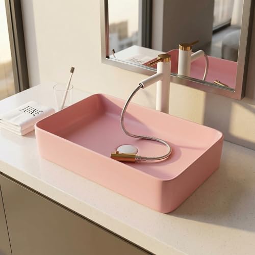 B Backline Ceramic Table Top Wash Basin Counter Top Bathroom Sink Wash Basin Art Basin For Bathrooms & Living Room 24 X 13.5 X 4 Inches (Pink Matt) (5 years warranty) - Image 1