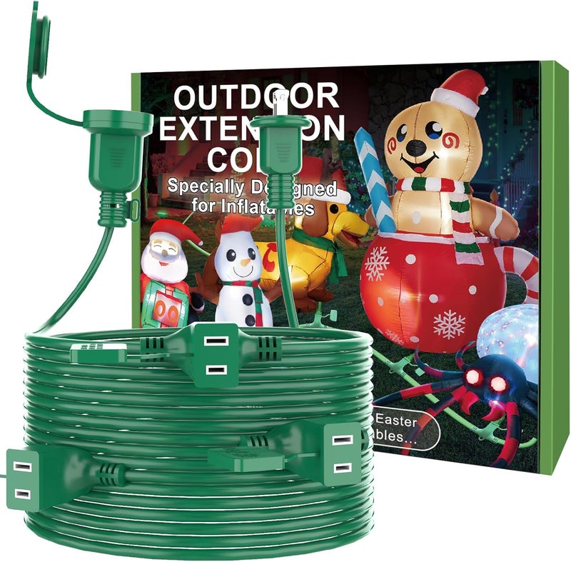 NARUBY 50FT Long Green Extension Cord 3 Outlets for Christmas Inflatables Blow Ups Yard Outdoor Outside Decorations Extension Cords with Multiple Outlets Plugs Cover Splitter Waterproof for Christmas Lights - Image 1