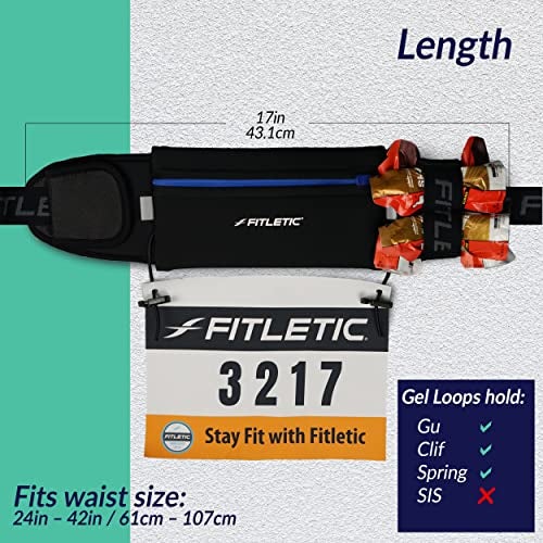 Fitletic Running Belt with Side Pocket, Loops for Energy Gels, Race Bib Number Holder. Waist Pack Water Resistant Phone Holder. Model Ultimate II Black - Image 5