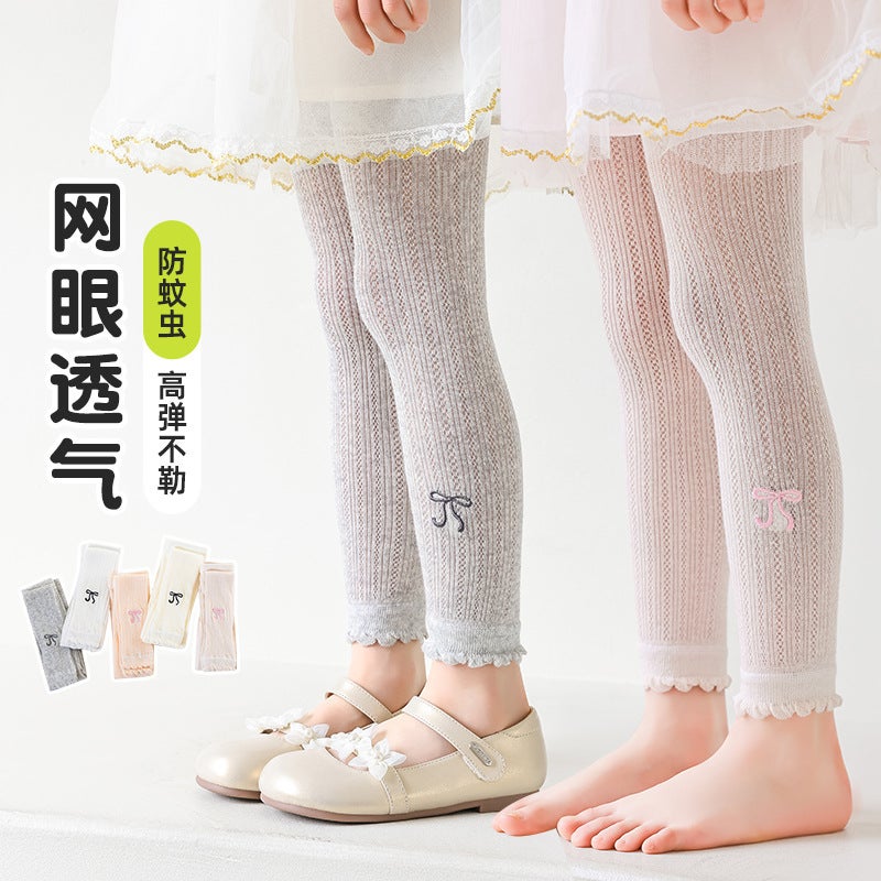 Spring And Children'S Leggings Girls Embroidered Bow Hollow Mesh Socks Baby Pants Breathable High Elastic - Image 2