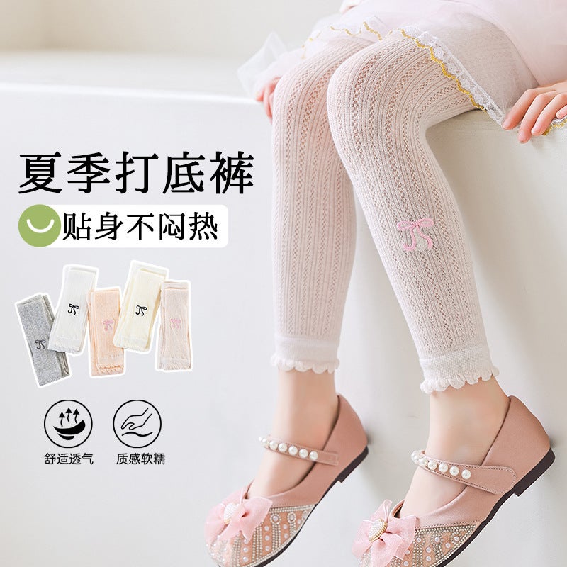 Spring And Children'S Leggings Girls Embroidered Bow Hollow Mesh Socks Baby Pants Breathable High Elastic - Image 5