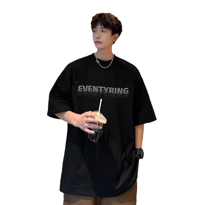 Summer Fashion Casual Small Neckline T-Shirt Men's Fashionable Brand Pure Cotton Short Sleeve oversize American Vintage 5-point Sleeve Fashionable - Image 5