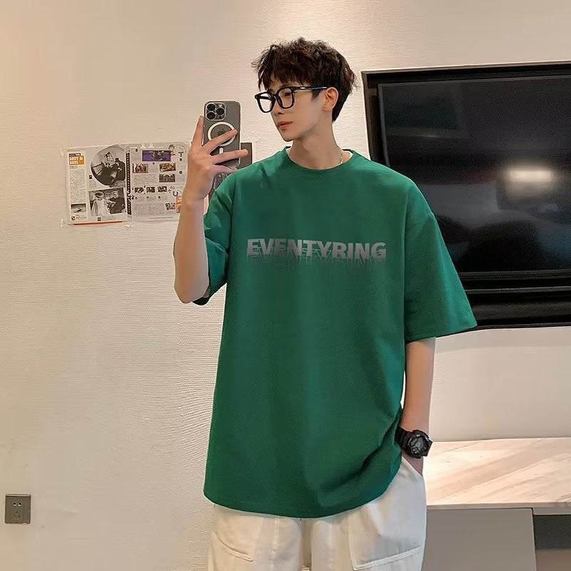 Summer Fashion Casual Small Neckline T-Shirt Men's Fashionable Brand Pure Cotton Short Sleeve oversize American Vintage 5-point Sleeve Fashionable - Image 2