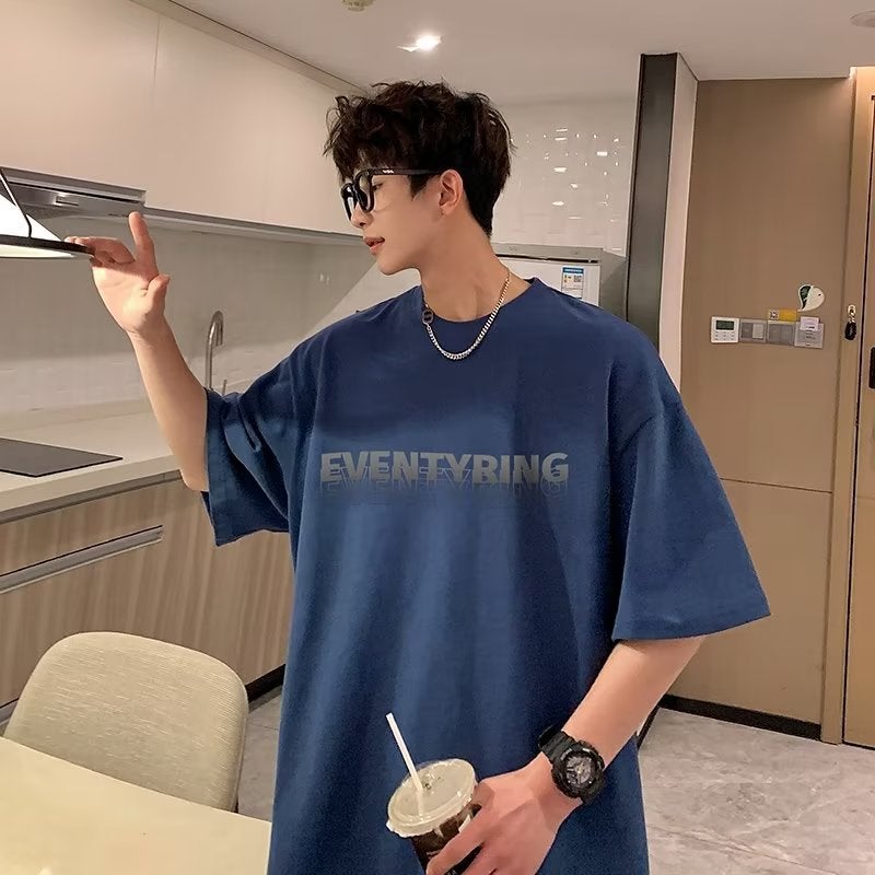 Summer Fashion Casual Small Neckline T-Shirt Men's Fashionable Brand Pure Cotton Short Sleeve oversize American Vintage 5-point Sleeve Fashionable - Image 4