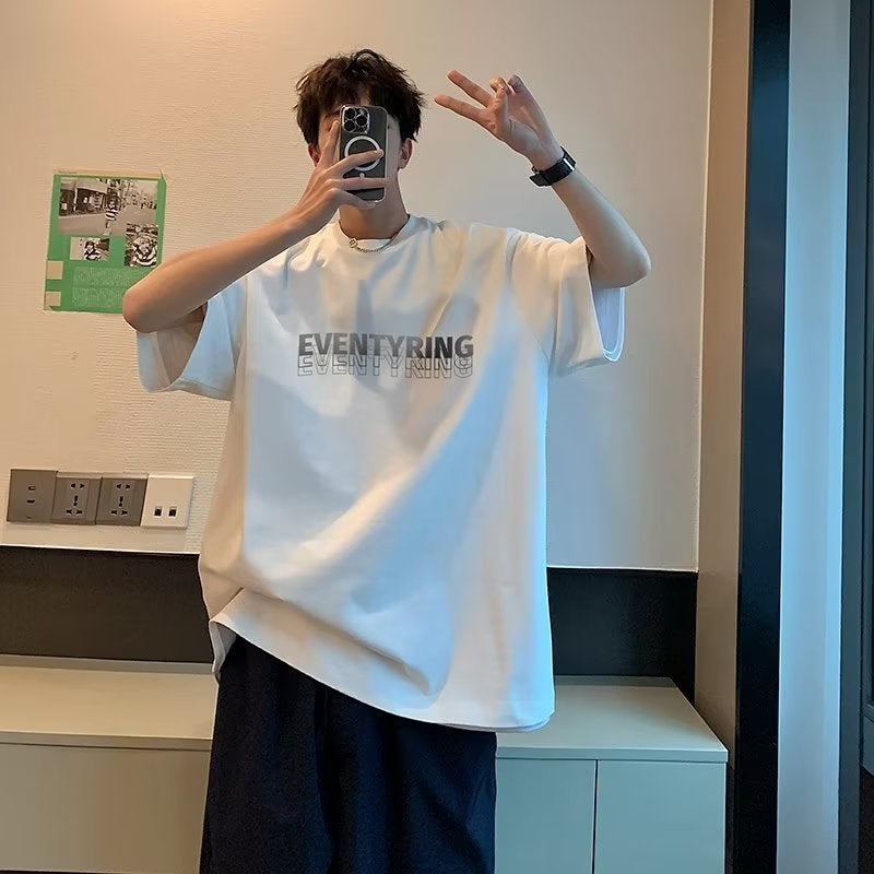 Summer Fashion Casual Small Neckline T-Shirt Men's Fashionable Brand Pure Cotton Short Sleeve oversize American Vintage 5-point Sleeve Fashionable - Image 1