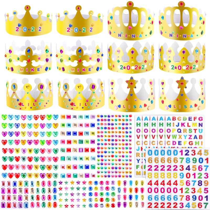 SIQUK 24 Pieces Golden Paper Crowns Gold Party Crowns Princess Prince Crown Hats King Crowns with 980 Pieces Gem Jewels Alphabet Number Letter Stickers for Party and Celebration - Image 1
