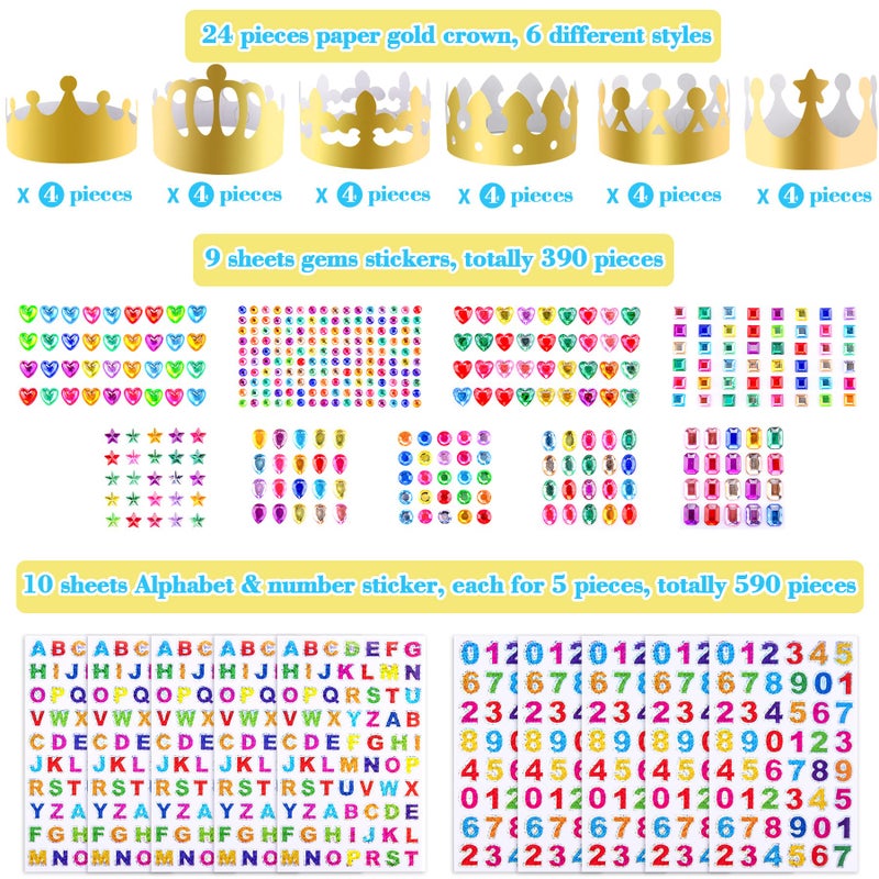SIQUK 24 Pieces Golden Paper Crowns Gold Party Crowns Princess Prince Crown Hats King Crowns with 980 Pieces Gem Jewels Alphabet Number Letter Stickers for Party and Celebration - Image 2